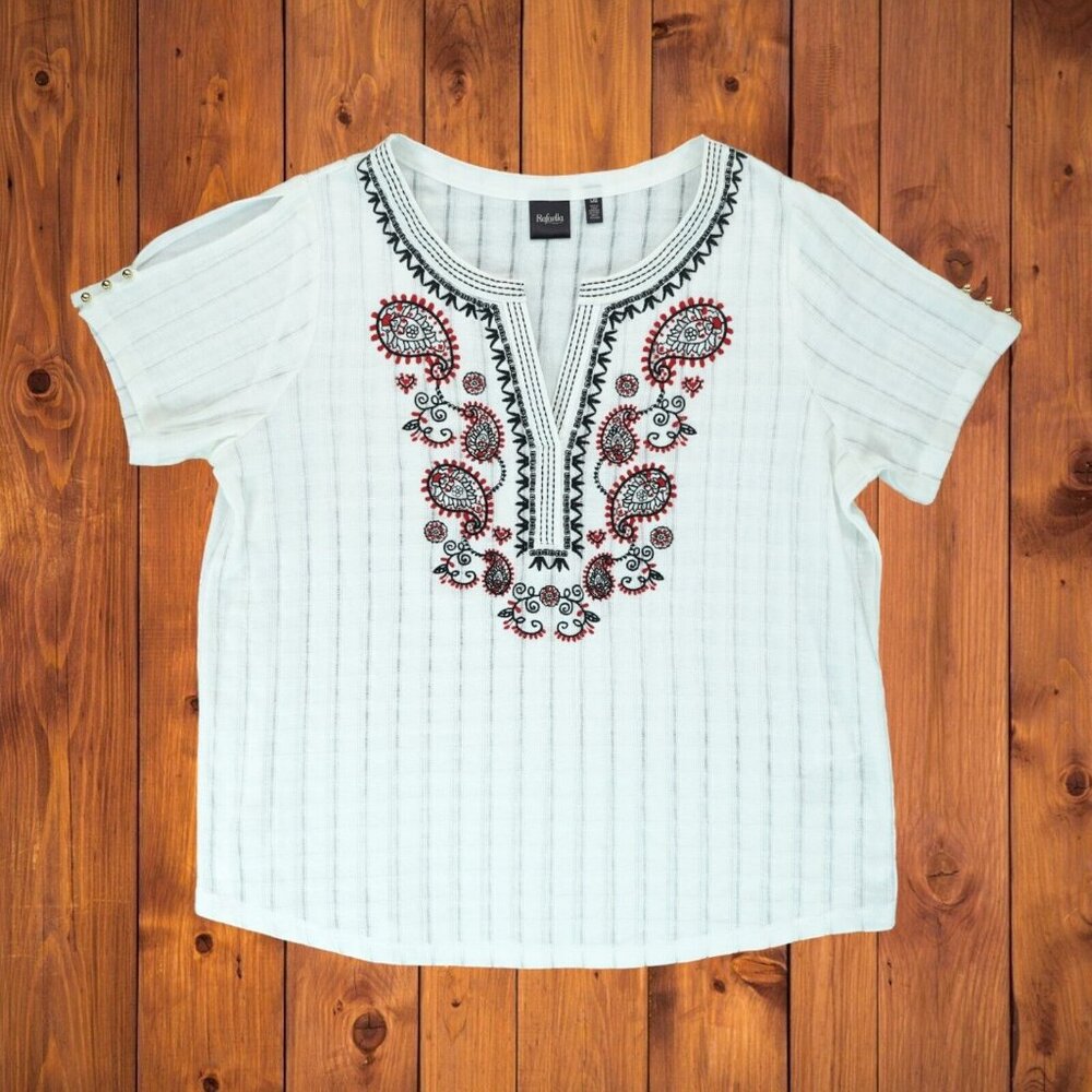 Rafaella Paisley Embroidered‎ Large Short Sleeve Blouse White Striped Top V-neck
